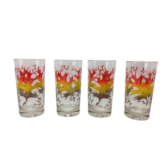 Vintage Fall Oak Leaves Orange/Yellow/Brown Retro Glass Tumblers Set Of 4 - Picture 4 of 6